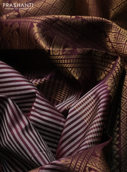 Pure kanchipuram silk saree grey and coffee brown with allover stripe pattern and zari woven border