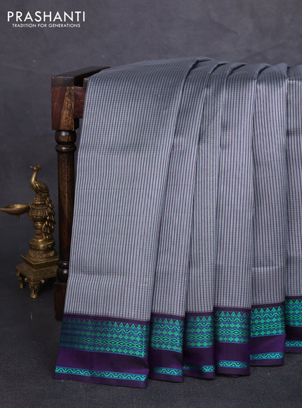 Pure kanchipuram silk saree grey and violet with allover small checked pattern and thread woven border