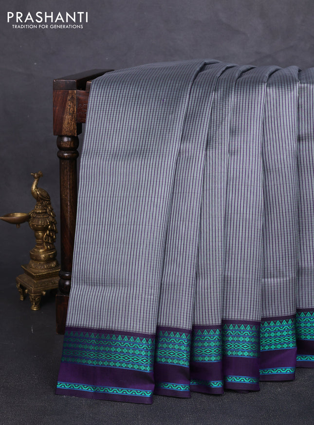 Pure kanchipuram silk saree grey and violet with allover small checked pattern and thread woven border