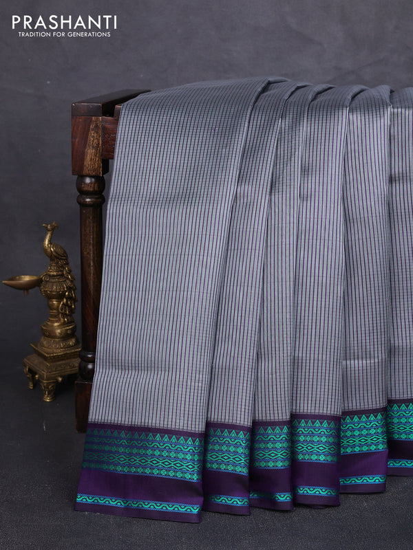 Pure kanchipuram silk saree grey and violet with allover small checked pattern and thread woven border