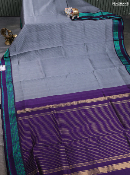 Pure kanchipuram silk saree grey and violet with allover small checked pattern and thread woven border