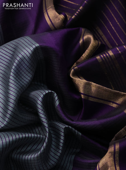Pure kanchipuram silk saree grey and violet with allover small checked pattern and thread woven border