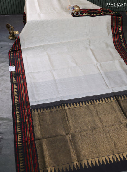 Pure kanchipuram silk saree cream and black with allover zari checked pattern and woven border