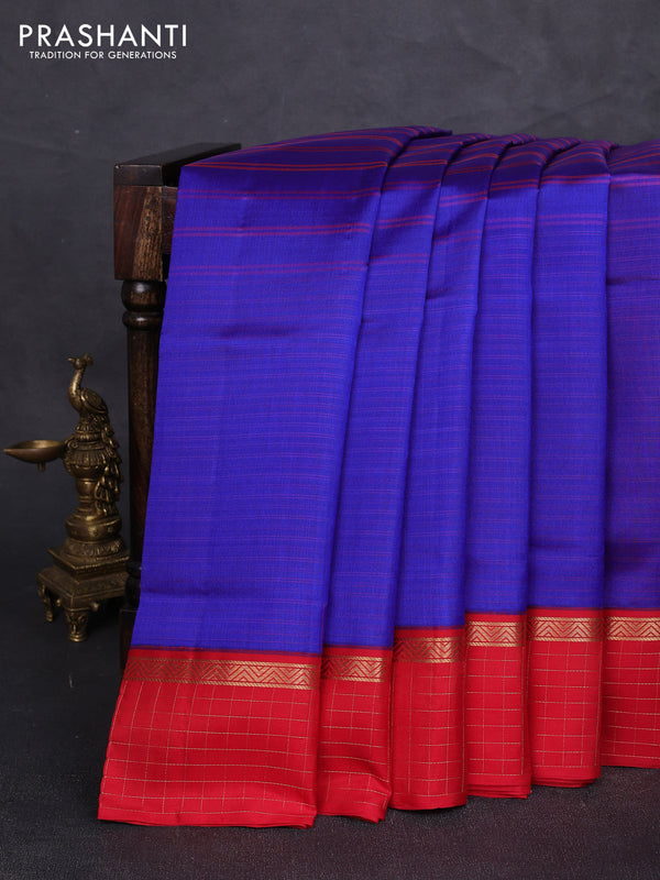 Pure kanchipuram silk saree royal blue and red with allover stripe pattern and ganga jamuna border