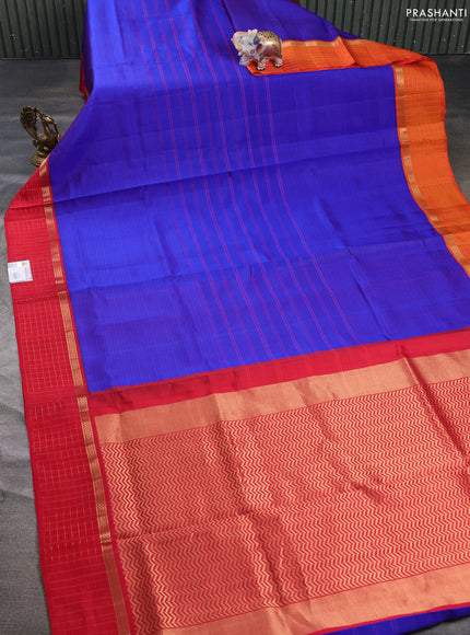 Pure kanchipuram silk saree royal blue and red with allover stripe pattern and ganga jamuna border