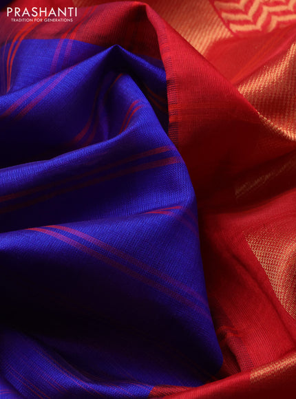 Pure kanchipuram silk saree royal blue and red with allover stripe pattern and ganga jamuna border