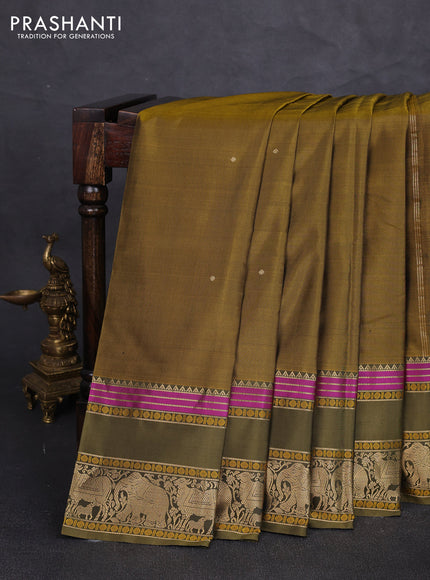 Pure kanchipuram silk saree mustard green and mehendi green with zari woven buttas and long zari woven border