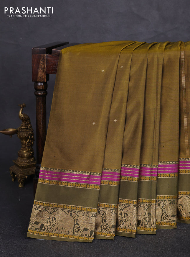 Pure kanchipuram silk saree mustard green and mehendi green with zari woven buttas and long zari woven border