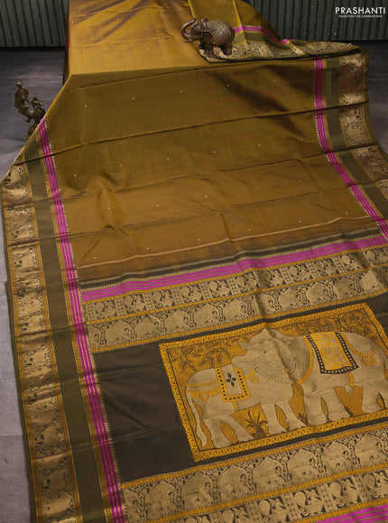 Pure kanchipuram silk saree mustard green and mehendi green with zari woven buttas and long zari woven border