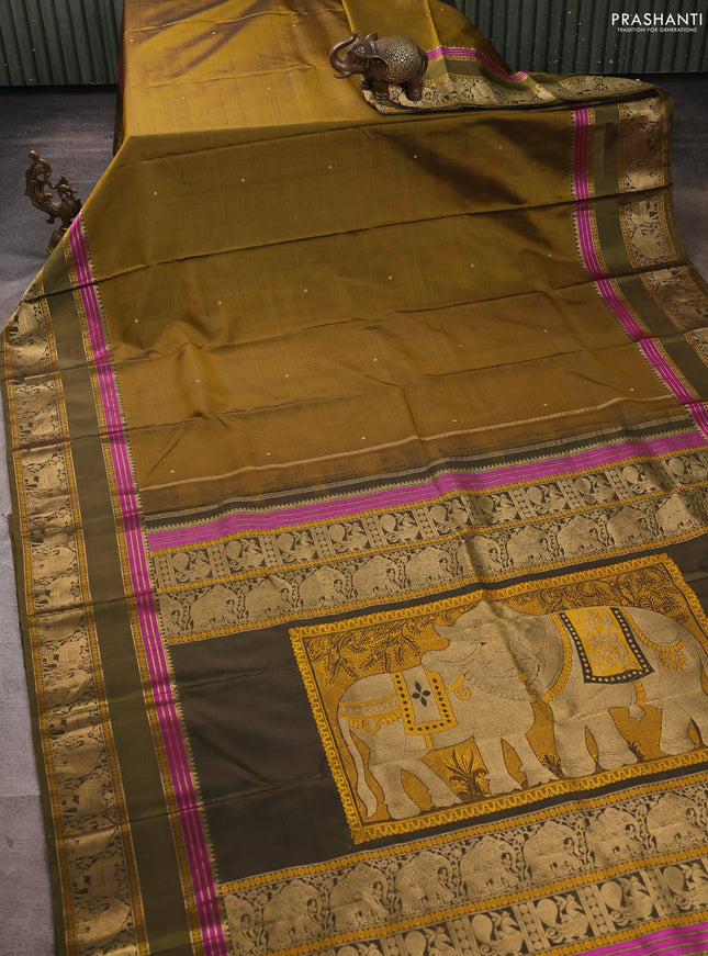 Pure kanchipuram silk saree mustard green and mehendi green with zari woven buttas and long zari woven border