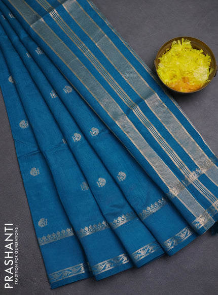 Semi raw silk saree cs blue with allover zari woven buttas and rettapet zari woven border