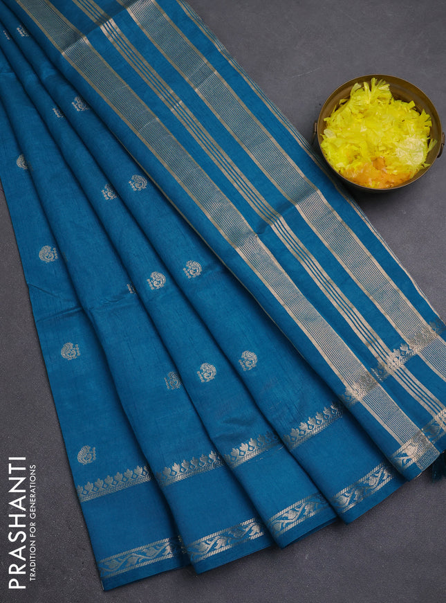 Semi raw silk saree cs blue with allover zari woven buttas and rettapet zari woven border