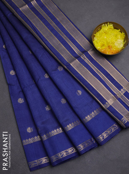 Semi raw silk saree navy blue with allover zari woven buttas and rettapet zari woven border