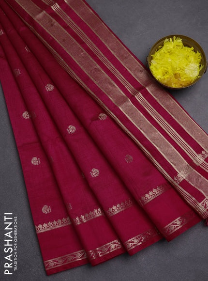 Semi raw silk saree dark pink with allover zari woven buttas and rettapet zari woven border