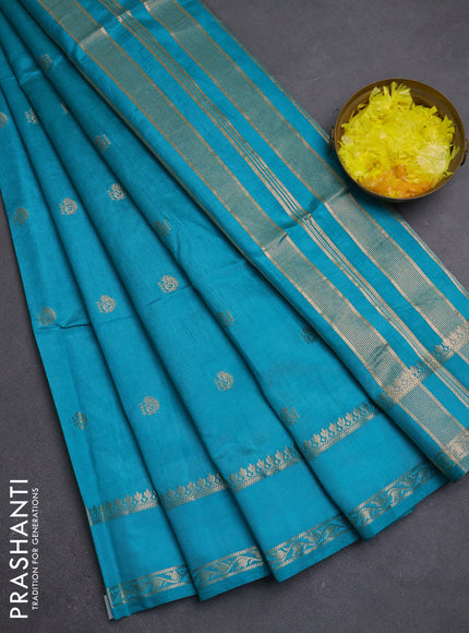 Semi raw silk saree cs blue with allover zari woven buttas and rettapet zari woven border