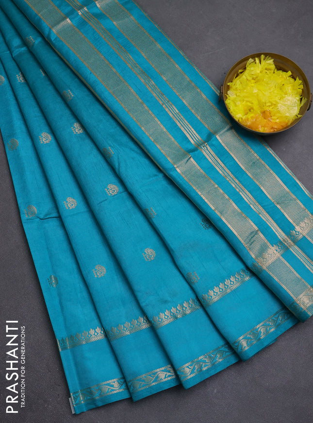Semi raw silk saree cs blue with allover zari woven buttas and rettapet zari woven border
