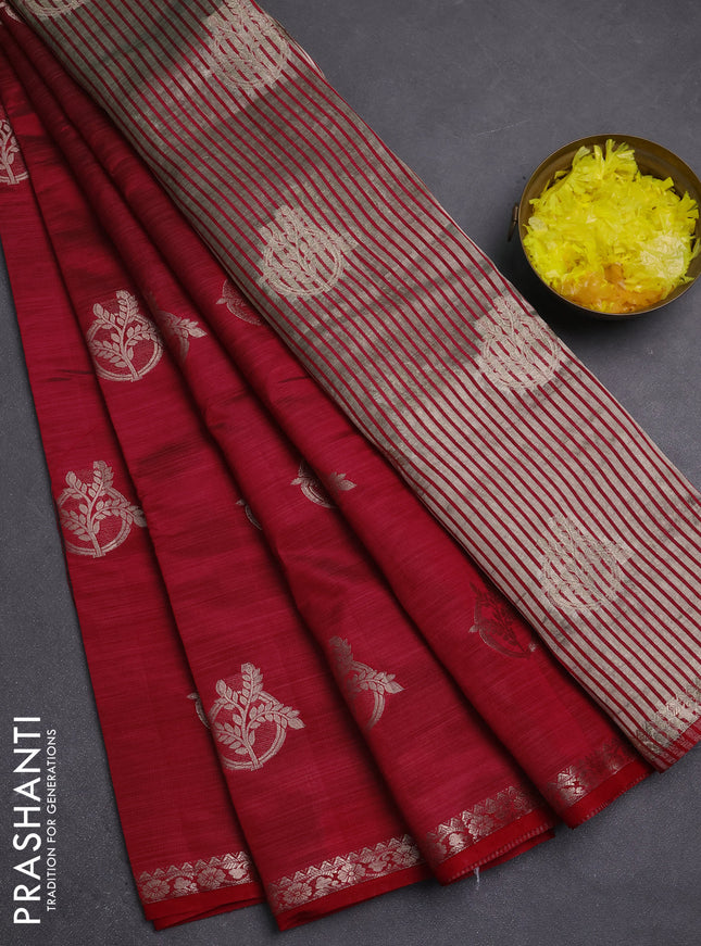 Semi raw silk saree maroon with zari woven buttas and small zari woven border