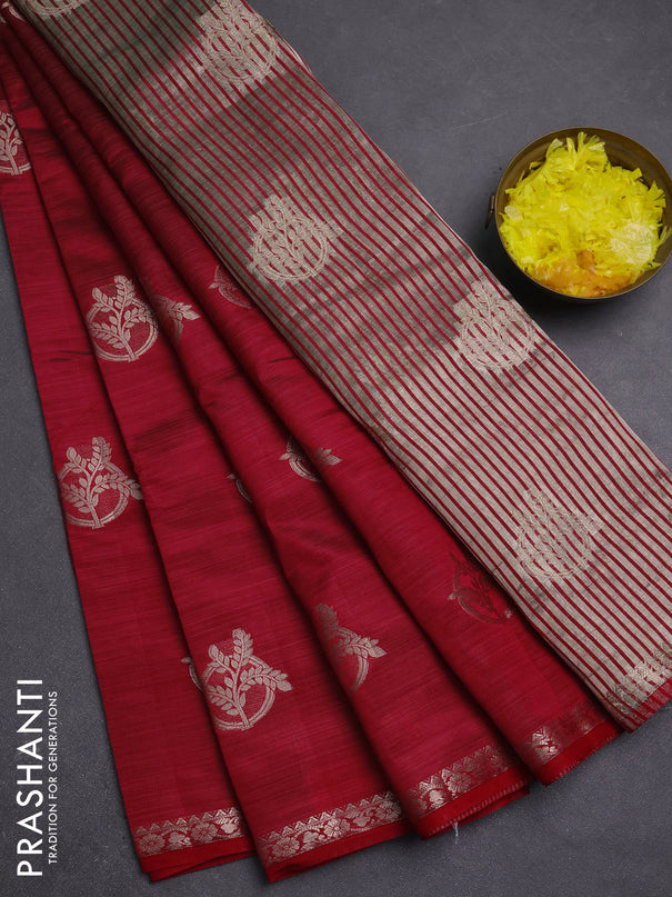 Semi raw silk saree maroon with zari woven buttas and small zari woven border