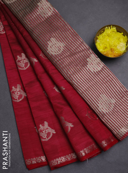 Semi raw silk saree maroon with zari woven buttas and small zari woven border