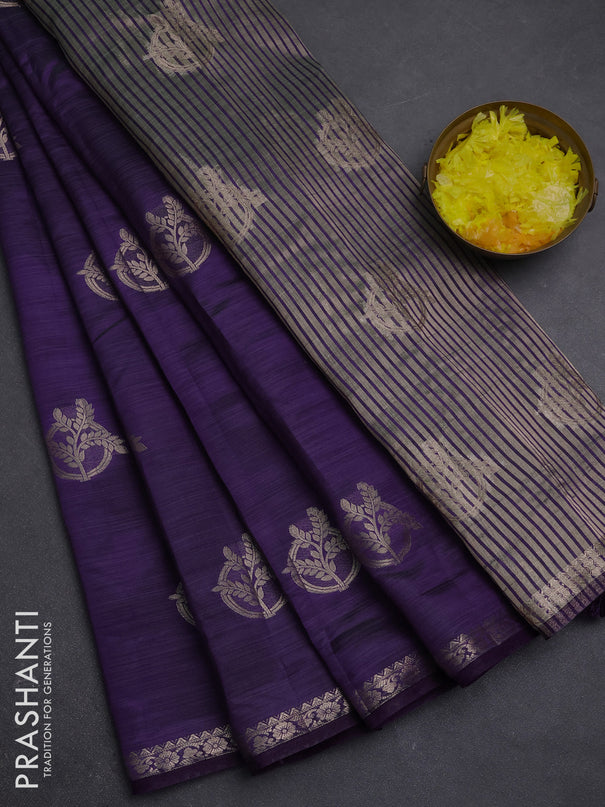 Semi raw silk saree deep purple with zari woven buttas and small zari woven border