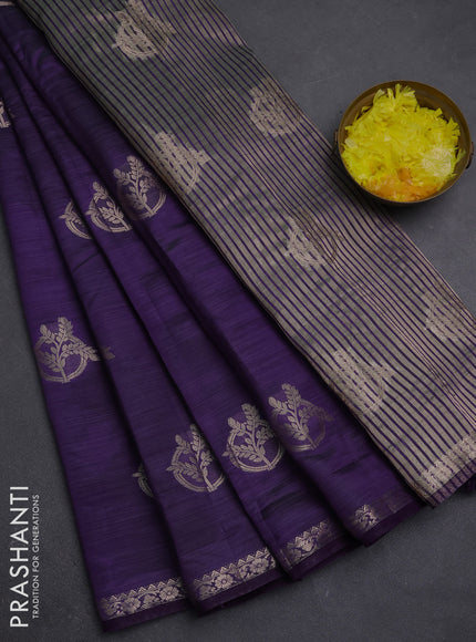 Semi raw silk saree deep purple with zari woven buttas and small zari woven border