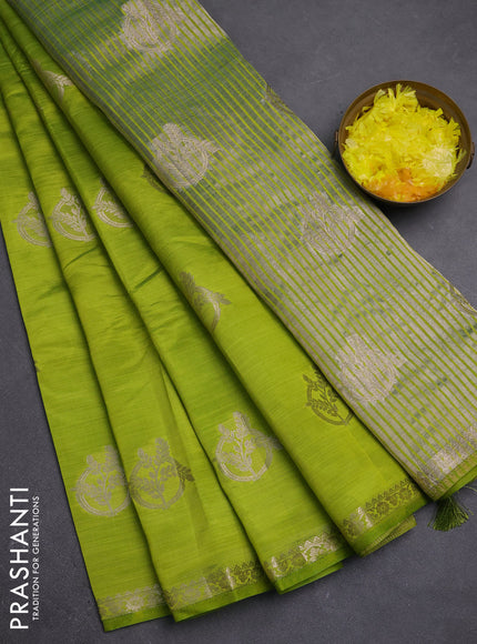 Semi raw silk saree light green with zari woven buttas and small zari woven border