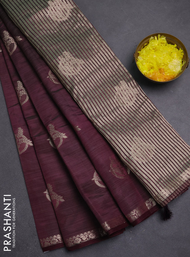 Semi raw silk saree deep wine shade with zari woven buttas and small zari woven border