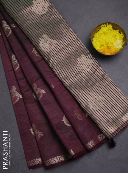 Semi raw silk saree deep wine shade with zari woven buttas and small zari woven border