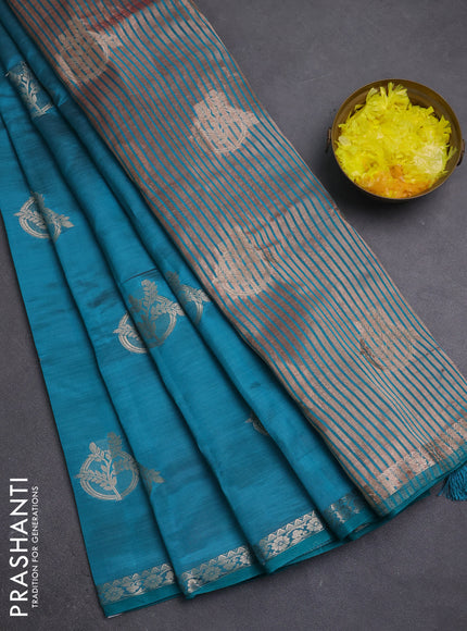 Semi raw silk saree teal green with zari woven buttas and small zari woven border
