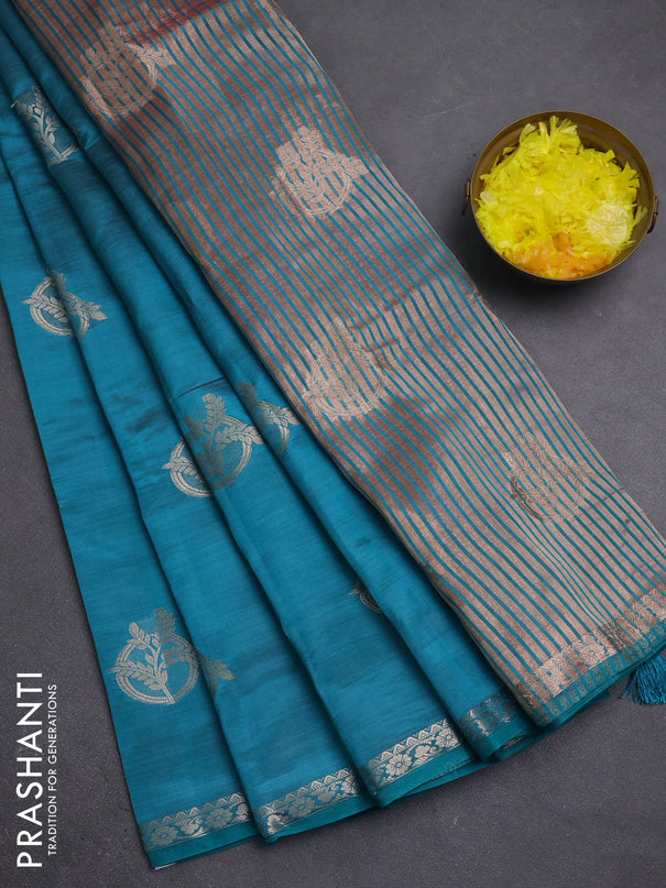Semi raw silk saree teal green with zari woven buttas and small zari woven border