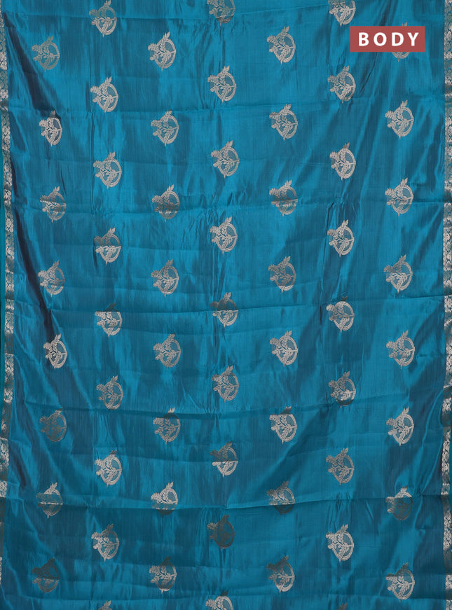 Semi raw silk saree teal green with zari woven buttas and small zari woven border