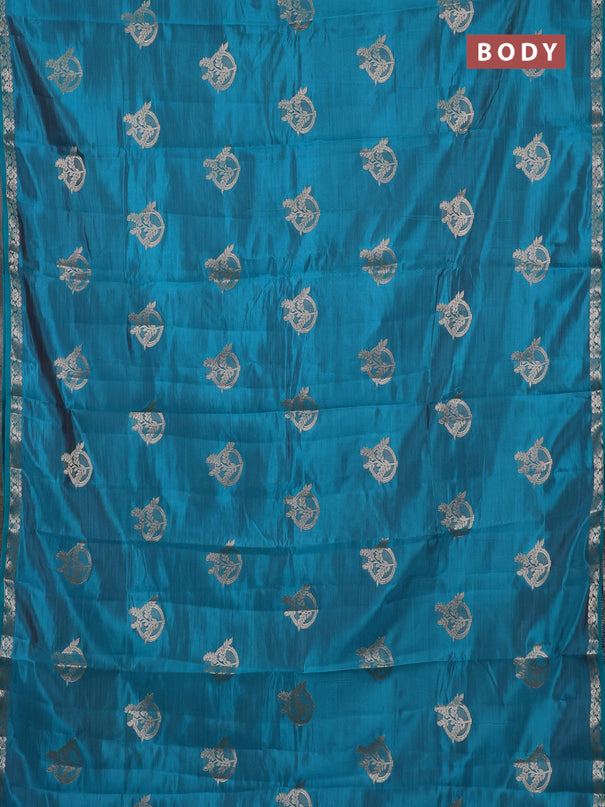 Semi raw silk saree teal green with zari woven buttas and small zari woven border