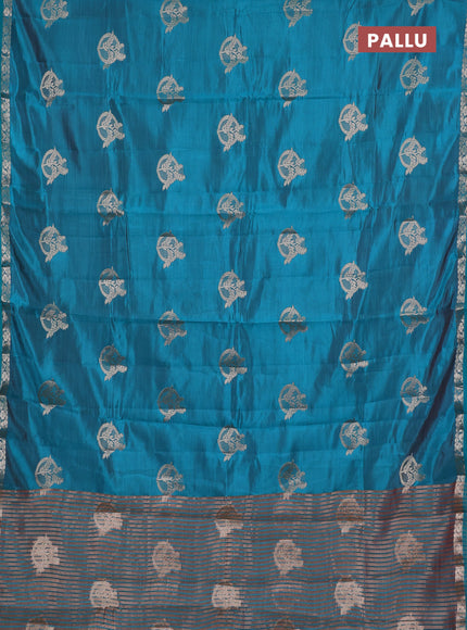 Semi raw silk saree teal green with zari woven buttas and small zari woven border