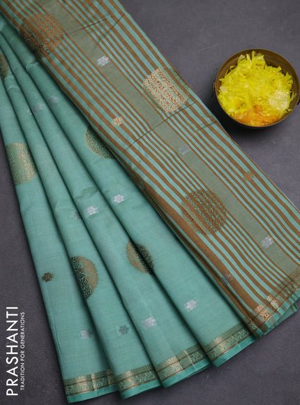 Semi raw silk saree pastel green with allover thread & zari woven floral buttas and small zari woven border