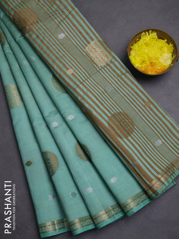 Semi raw silk saree pastel green with allover thread & zari woven floral buttas and small zari woven border