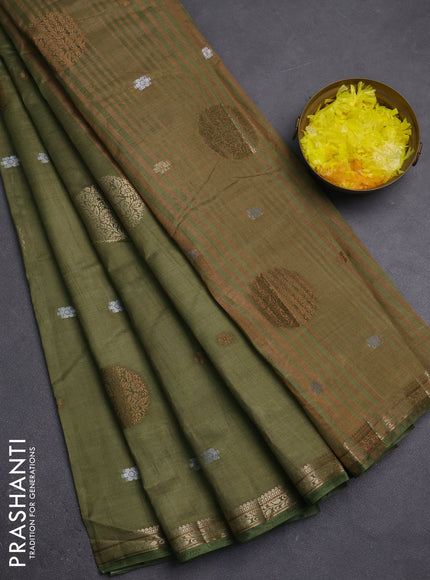 Semi raw silk saree olive green with allover thread & zari woven floral buttas and small zari woven border