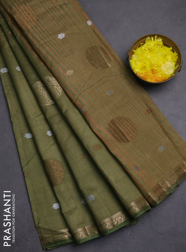 Semi raw silk saree olive green with allover thread & zari woven floral buttas and small zari woven border