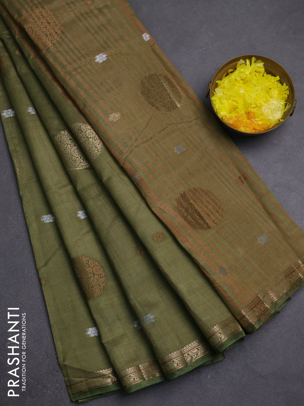 Semi raw silk saree olive green with allover thread & zari woven floral buttas and small zari woven border