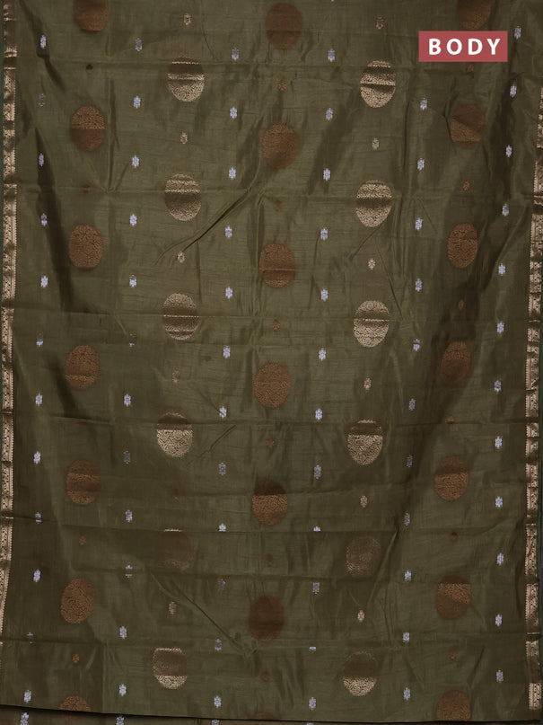 Semi raw silk saree olive green with allover thread & zari woven floral buttas and small zari woven border
