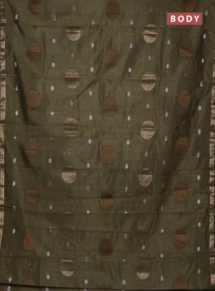 Semi raw silk saree olive green with allover thread & zari woven floral buttas and small zari woven border