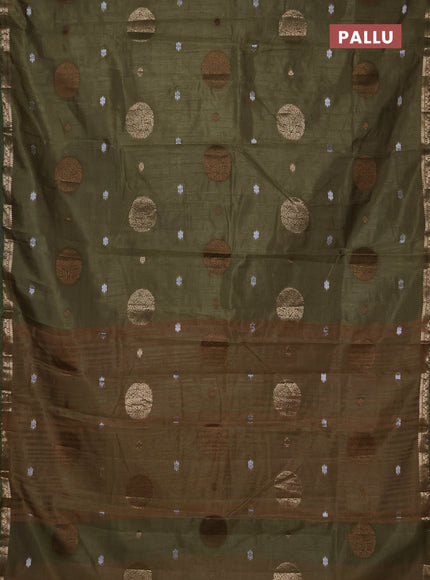 Semi raw silk saree olive green with allover thread & zari woven floral buttas and small zari woven border