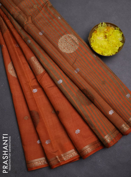 Semi raw silk saree rust shade with allover thread & zari woven floral buttas and small zari woven border