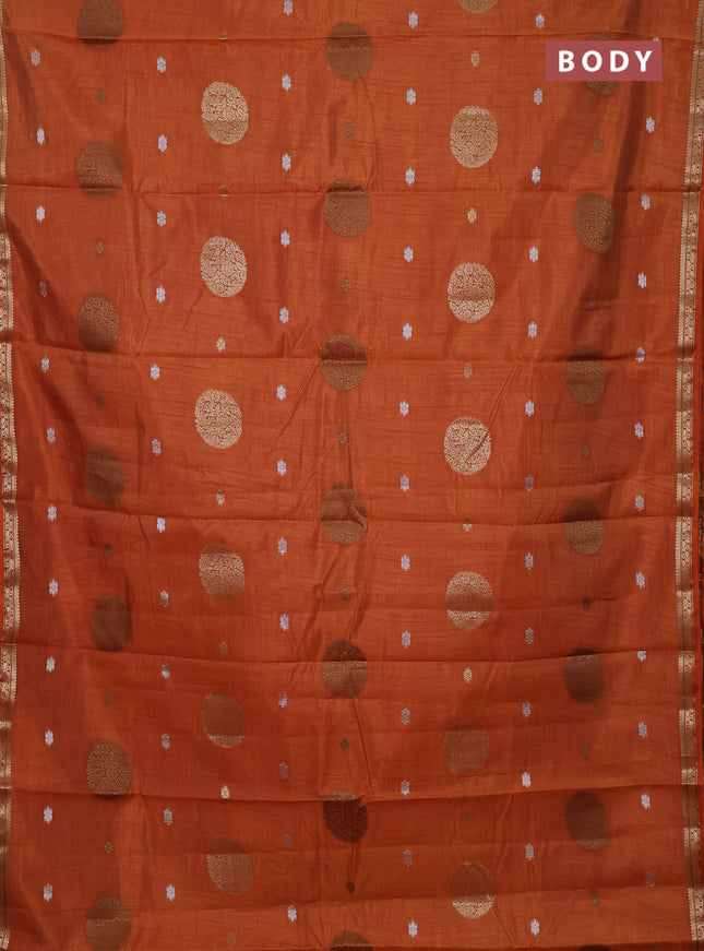Semi raw silk saree rust shade with allover thread & zari woven floral buttas and small zari woven border