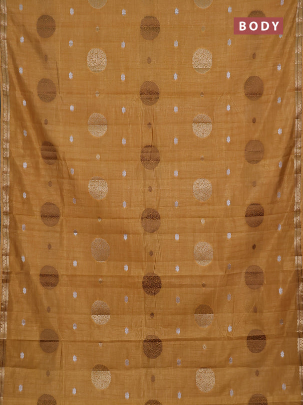 Semi raw silk saree sandal with allover thread & zari woven floral buttas and small zari woven border