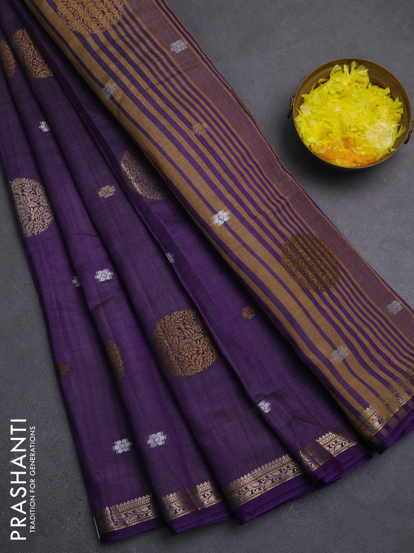 Semi raw silk saree violet with allover thread & zari woven floral buttas and small zari woven border