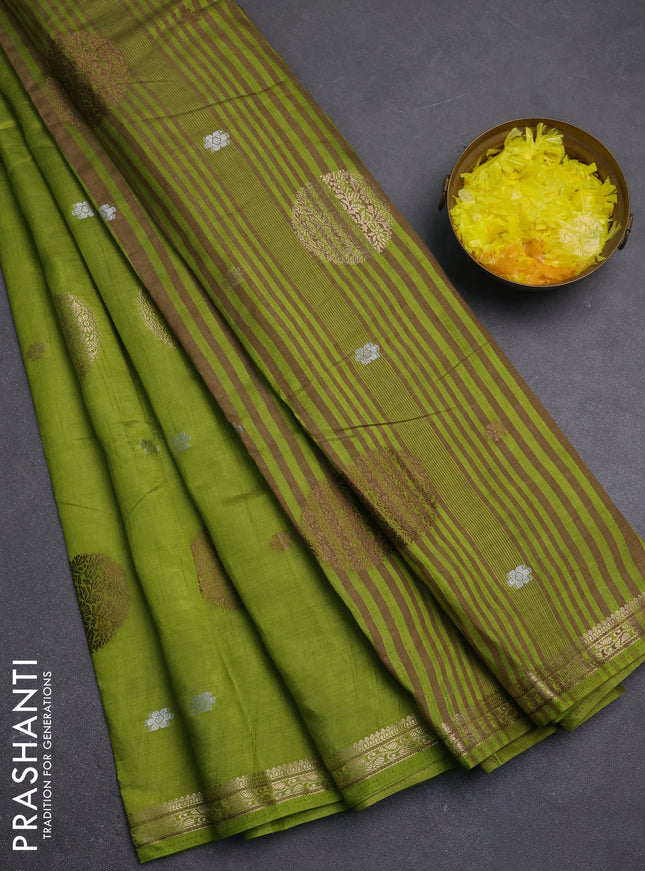 Semi raw silk saree light green with allover thread & zari woven floral buttas and small zari woven border