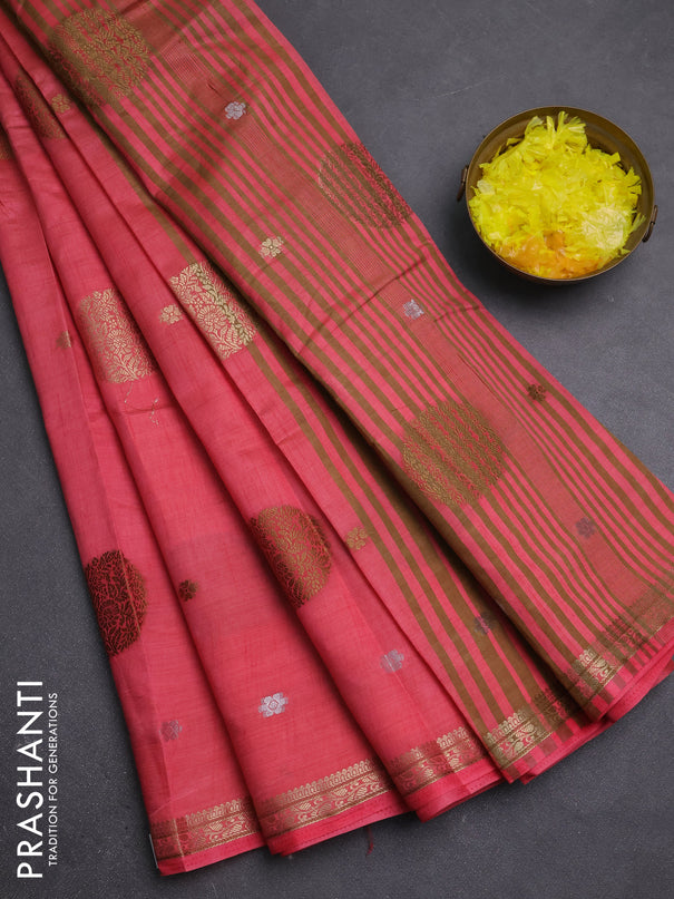 Semi raw silk saree peach pink with allover thread & zari woven floral buttas and small zari woven border