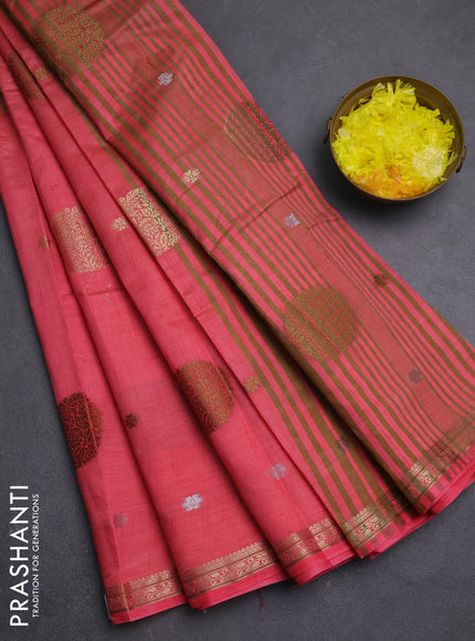 Semi raw silk saree peach pink with allover thread & zari woven floral buttas and small zari woven border