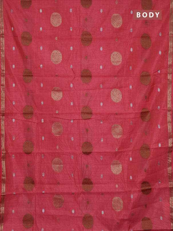 Semi raw silk saree peach pink with allover thread & zari woven floral buttas and small zari woven border