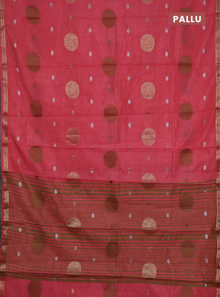 Semi raw silk saree peach pink with allover thread & zari woven floral buttas and small zari woven border